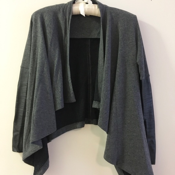 Anthropologie Gray Crop Cardigan w/ Leather Sleeve - Picture 3 of 4